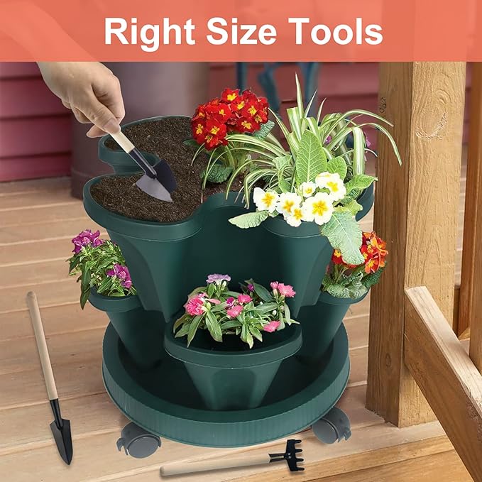 DUNCHATY Stackable Planter, Vertical Garden Planter with Wheels and Tools, Self Watering Strawberry Planter Indoor/Outdoor 4 Tier Herb Planter Pots for Growing Vegetables and Succulents,Pine Green DUNCHATY