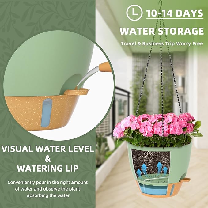 ZMTECH 12 Inch Hanging Planters for Indoor Outdoor Plants, 2 Pack Self Watering Hanging Plant Pots with Drainage Hole, Visual Reservoir, Plastic Flower Hanging Pots with Watering Lip (Green) HighQualityGardeningTools