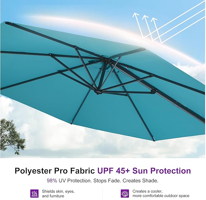 PURPLE LEAF 10 Feet Cantilever Umbrella with Base Outdoor Patio Round Umbrella Aluminum Offset with 360-degree Rotation for Garden Deck Pool Patio,Turquoise Blue PURPLELEAF