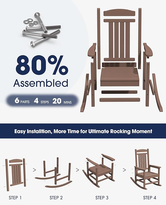 KINGYES Outdoor Rocking Chair Set of 2, High Density Polyethylene Patio Rocking Chairs with 330lbs Support for Adults, Brown KINGYES