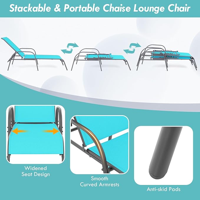 Giantex 2 Pack Patio Lounge Chair, Outdoor Chaise Lounge with 5 Adjustable Backrest, Sturdy Steel Frame, Sunbathing Recliner, Tanning Chair for Beach, Outside, Yard, Balcony, Pool Chairs (2,Turquoise) Giantex