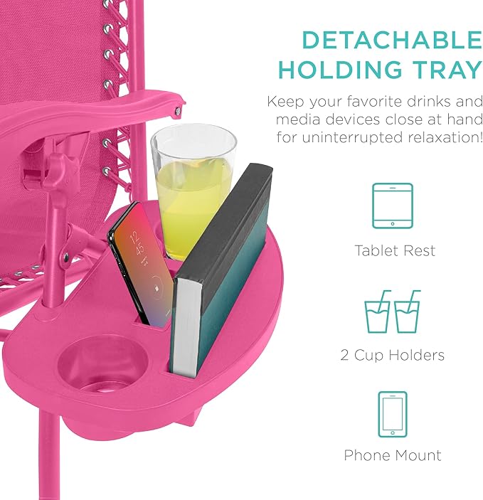 Best Choice Products Set of 2 Adjustable Steel Mesh Zero Gravity Lounge Chair Recliners w/Pillows and Cup Holder Trays - Hot Pink BestChoiceProducts
