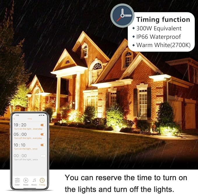 Led Flood Light 30W, 300W Equivalent 3000 LM Outdoor Color Changing Led Stage Landscape Lights, Bluetooth RGBW Smart Floodlights 2700K & 16 Million Colors&Timing& Music Sync, IP66，US 3-Plug (2 Pack) MELPO