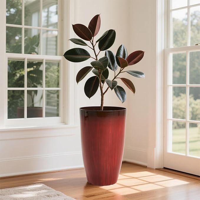 Worth Garden 20" H. Plastic Planters - Set of 2 Gradient Red Glossy Smooth Finish - Tall Plant Pots Drain Hole for Indoor Outdoor Use - Decorative Lightweight Flower Pots for Front Porch, Patio, Deck WORTH