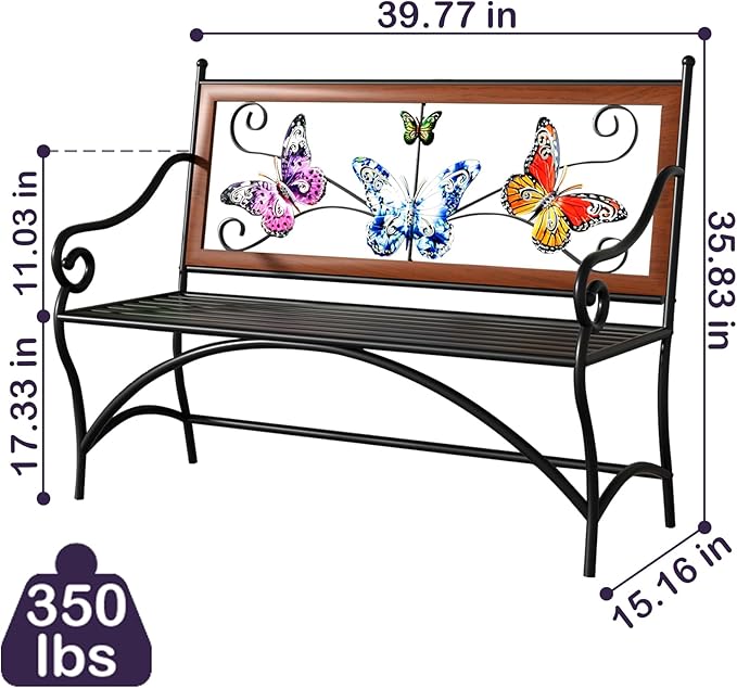 39.7" Outdoor Bench, Garden Bench, Patio Bench with Armrest, Slatted Seat and Butterfly Pattern Backrest for Outside, Front Porch, Park, Lawn, Backyard and Balcony, Cast Iron Metal Frame, Black KINGBO