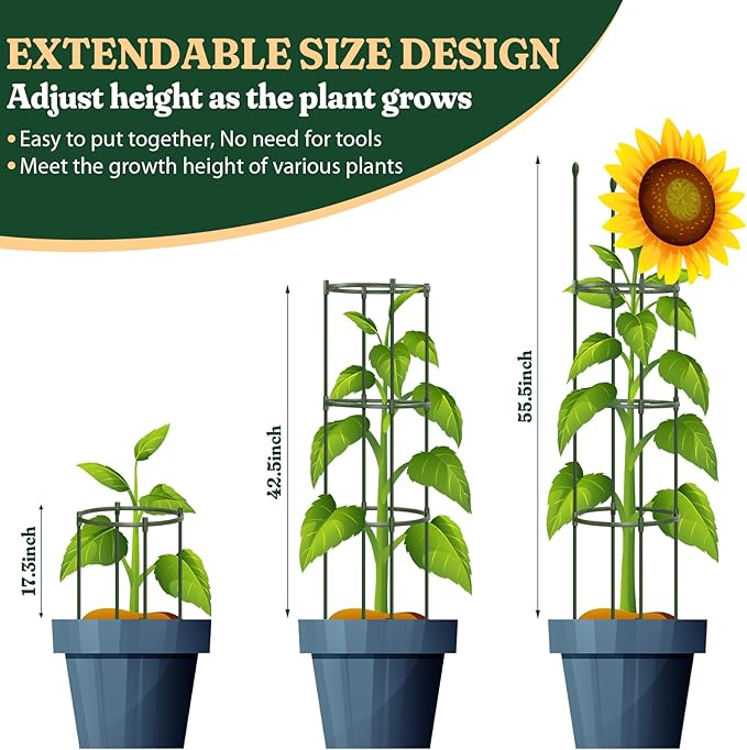 Round Heavy Duty Tomato Cage - 55 Inch Steel Core Plastic Coated Garden Trellis, 4-Post Rustproof Plant Support for Tomato/Cucumber/Beans, No Tools Snap Assembly, Spare Parts Available LOMNYIY