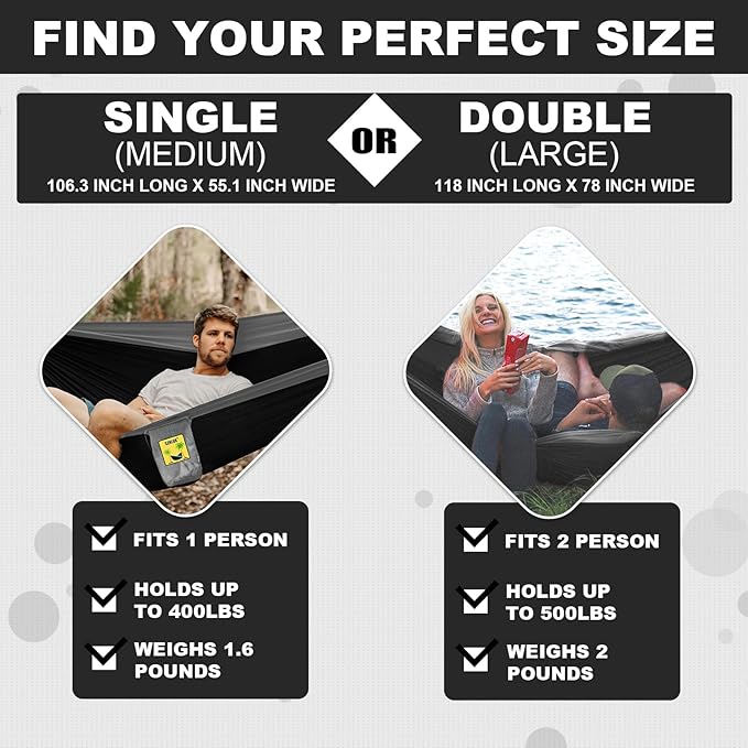 SZHLUX Camping Hammock Double & Single Portable Hammocks with 2 Tree Straps, Great for Hiking,Backpacking,Hunting,Outdoor,Beach,Camping,Black / Grey SZHLUX