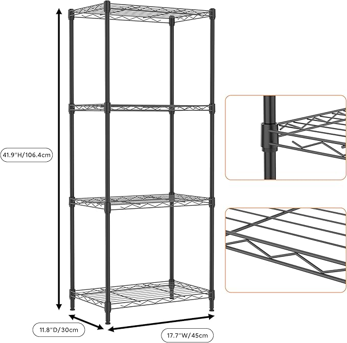 4 Tiers Shelf Metal Storage Shelves Wire Rack Closet Organizers with Wheel for Garage Kitchen Bathroom Laundry Black 11.8" D x 17.7" W x 41.9" H MEIGAOPLASTICANDMETALHKCOLIMITED