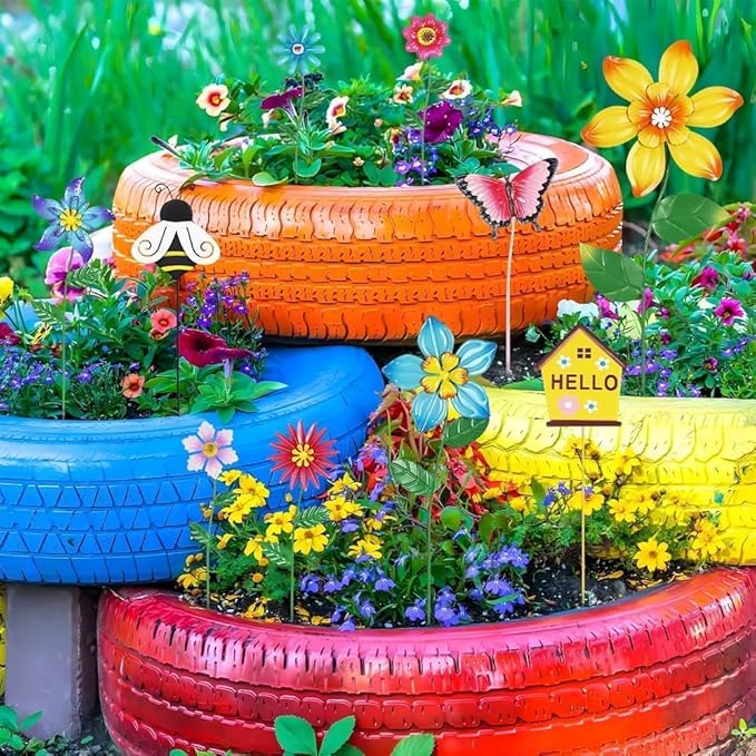 hogardeck Garden Decor for Outside, Set of 10 Metal Flowers Decorative Garden Stakes for Spring Decor, Gardening Gifts for Women Mom Grandma Wife, Yard Art Outdoor Lawn Porch Pathway Decorations HOGARDECK