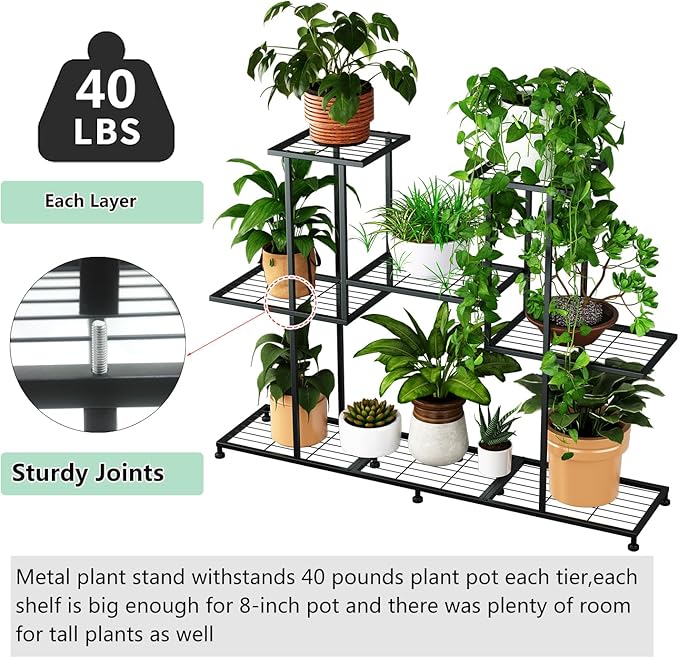 Twhep Metal Plant Stand, 5 Tiers Multifunctional Plant Stands for Indoor Plants, Decorative Black Steel Plant Shelf for Indoor Patio Garden Balcony and Yard (4 tiers 12 pots) Twhep