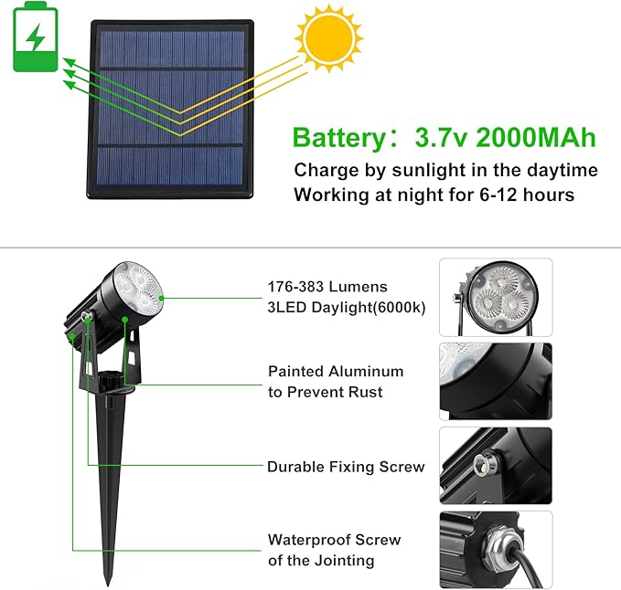 Solar Spot Lights Outdoor, 3-in-1 Garden Spotlights IP65 Waterproof 9.8ft Cable, 5W 4000mAh Separated Solar Panel, Auto On/Off for Tree Patio Yard Driveway Pathway Pool(Cold White 6000K) CREPOW