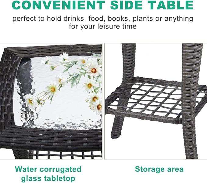 VINGLI Outdoor Side Table with Storage Wicker Patio Side Table, Tempered Glass Top End Table for Balcony Porch Deck (Grey) VINGLI