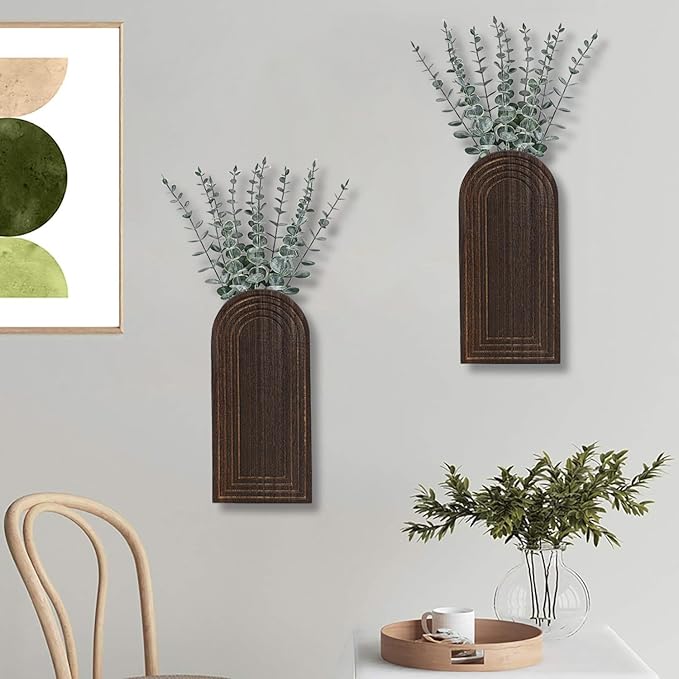 2 Pack Wooden Wall Vase Set - Dark Brown Finish Modern Farmhouse & Boho Wall Decor for Entryway, Hallway, Bathroom, Living Room, Dining Room, Narrow Spaces Dnnnii