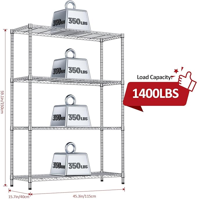 IZEUK 4-Tier Adjustable Heavy Duty Metal Wire Shelving Unit, Wide Storage Rack Organizer for Garage, Kitchen, Office, Dorm, Warehouse (Silver, 15.8" D x 45.8" W x 59.4" H, 1400 lbs Capacity) IZEUK