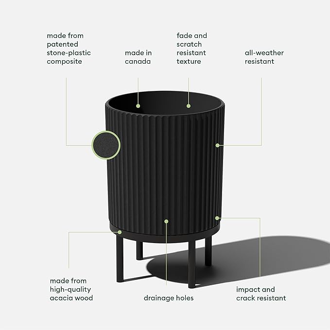 Veradek Demi Series Round Planter w/ Stand for Porch/Patio | Durable Plastic-Concrete & Wooden Stand | Modern Décor for Tall Plants, Flowers VeradekOutdoor