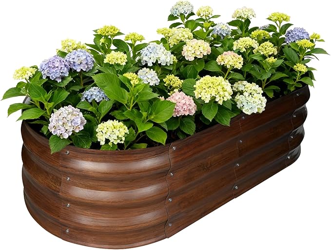 Galvanized Raised Garden Bed Outdoor, Large Raised Bed for Gardening, 4x2x1ft Oval Metal Planter Box for Vegetables, Fruits, Flowers, Dark Brown Wood Grain VivaGarden