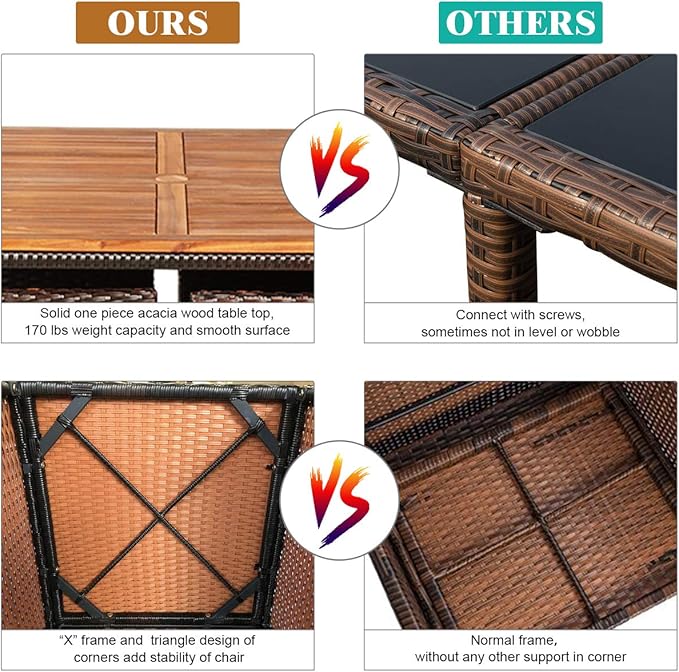 Tangkula 9 Pieces Acacia Wood Patio Dining Set, Space Saving Wicker Chairs and Wood Table with Umbrella Hole Outdoor Furniture Set, Suitable for Garden, Yard, Poolside, Outdoor Seating Set TANGKULA