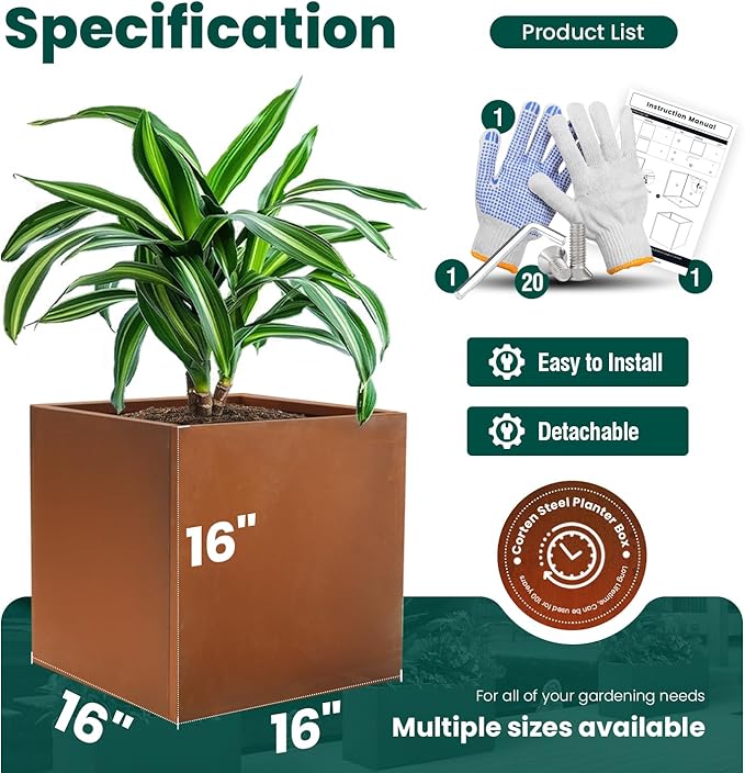 Corten Steel Planter Box Metal Planters Square Outdoor Steel Planter Cube Rustic Flower Pot 16 Inch for Commercial Residential Garden Patio and Backyard GZGNEEVL