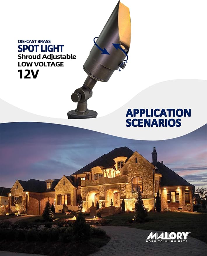 MALORY Brass Landscape Spotlight 1-Pack with MR16 Bulb Kit(S04), Low Voltage 12V AC/DC Shroud Adjustable Outside Yard Lighting,PVC Ground Stake and Wire Connector Included, 5W 2700K Warm White MALORY