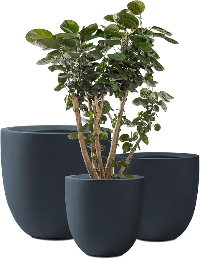 Kante 20",16.5",13.4" Dia Round Concrete Planters (Set of 3), Outdoor Indoor Modern Decorative Plant Pots with Drainage Hole & Rubber Plug for Home & Garden, Charcoal Kante