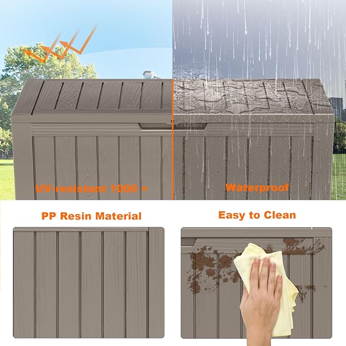 90 Gallon Resin Deck Box, Lockable Patio Outdoor Storage Box for Furniture, Garden Tools and Tools Storage, Waterproof Outside Storage Boxes - Grey OutdoorLivingPerfected
