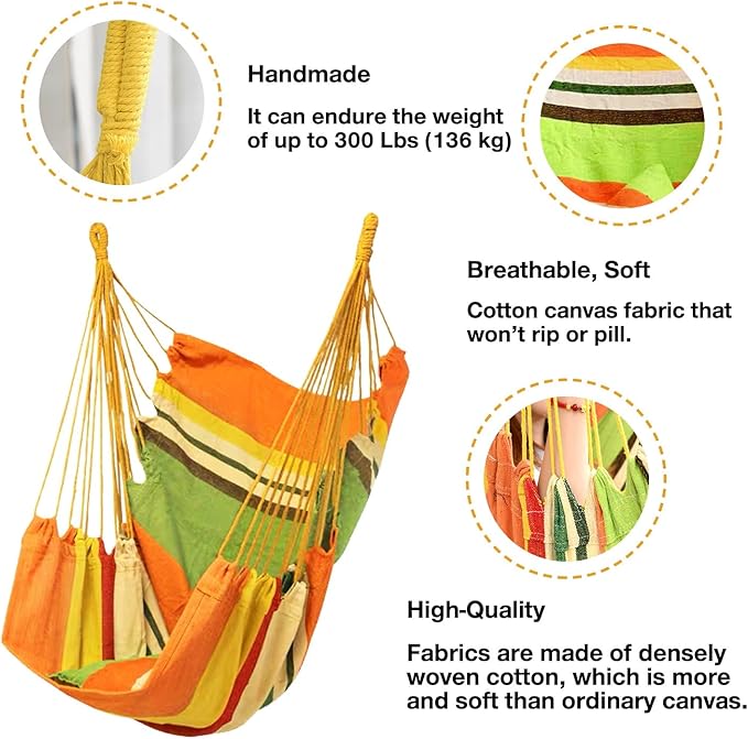 Hommtina Hammock Chair Hanging Rope Swing, Max 300 Lbs Hanging Chair with Pocket & Durability Perfect for Outdoor, Home, Bedroom, Patio, Yard (Pillows NOT Included,Orange) Hommtina
