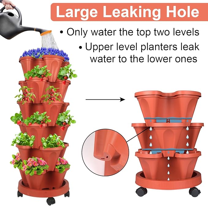 DUNCHATY Stackable Planters 6 Tier Vertical Garden Planting Tower Planters Strawberry, Herb, Flower, and Vegetable Planter Indoor Outdoor Gardening Pots with Removable Wheels and Tools DUNCHATY