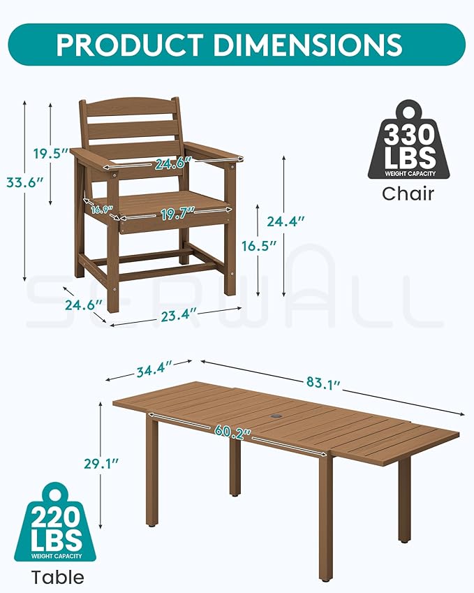 SERWALL 7-Piece Patio Dining Sets, 60" - 83" Expandable Outdoor Dining Table and 6 HDPE Chairs, All Weather HDPE Outdoor Furniture Set for Backyard, Garden, Brown SERWALL