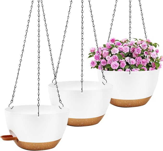 10 inch Hanging Planters for Indoor Plants, 3 Pack Self-Watering Hanging Planter Pots with Chain and Drainage Holes, Outdoor Hanging Baskets for Garden Home Decor (White With Brown, 3pcs/10inch) Rootora