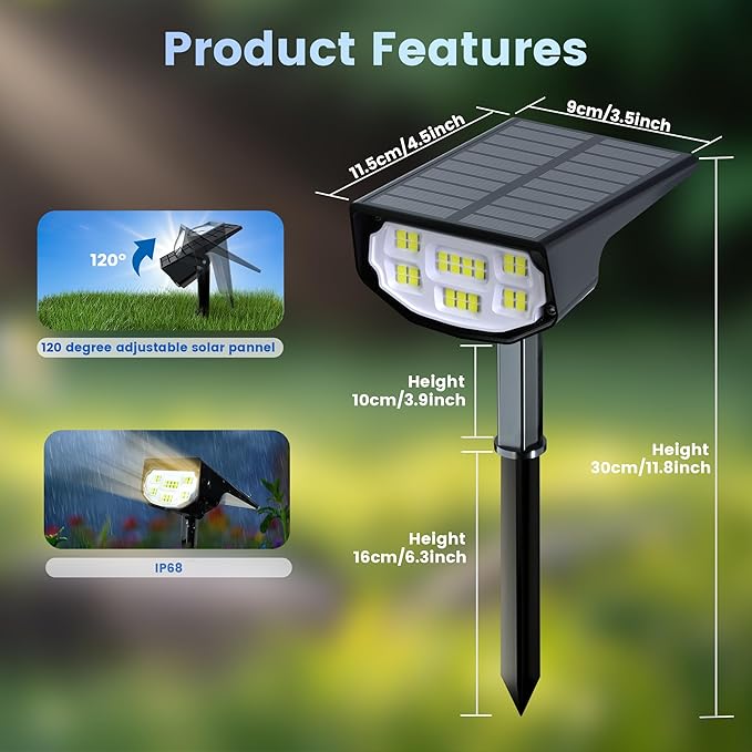 Solar Spot Lights Outdoor IP68 Waterproof, Ultra-Bright Performance，Simple Modes for Easier Operation, Auto On/Off，Solar Powered Landscape Lights for Garden, Yard, Pathway (Warm White, 6 Pack) Home