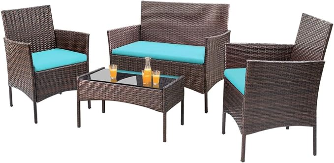 Homall 4 Pieces Patio Rattan Chair Wicker, Outdoor Indoor Use Backyard Porch Garden Poolside Balcony Furniture Sets (Blue) Homall