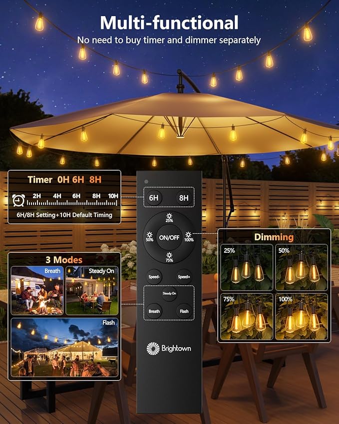 Brightown 52FT Solar String Lights Outdoor Waterproof with Remote, 15+1 LED Shatterproof Bulbs, Dimmable & Timable, 3 Light Modes - Commercial Grade Patio Lights for Garden Backyard Party Decor Brightown