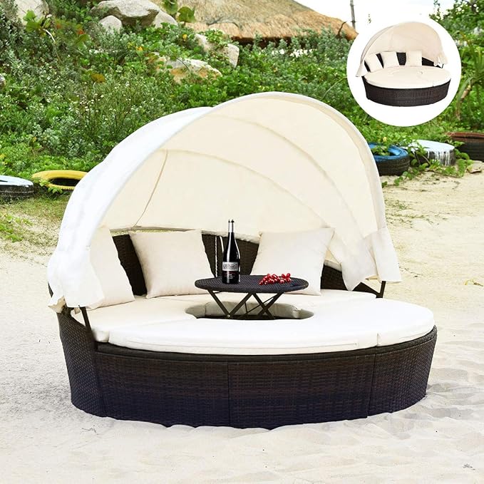 Tangkula Patio Round Daybed with Retractable Canopy, Outdoor Wicker Rattan Furniture Sets, Sectional Cushioned Sofa Set w/Height Adjustable Coffee Table, Rattan Conversation Sets (Beige) TANGKULA