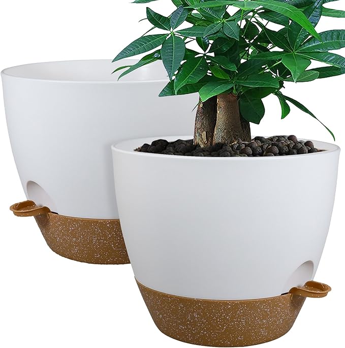 12inch 2Pack Large Self Watering Planters, Plastic Plant Pots with 60oZ Removable Deep Reservoir and Multi Mesh Drainage Holes for Indoor Outdoor Garden Plants and Flowers, White with Brown UOUZ