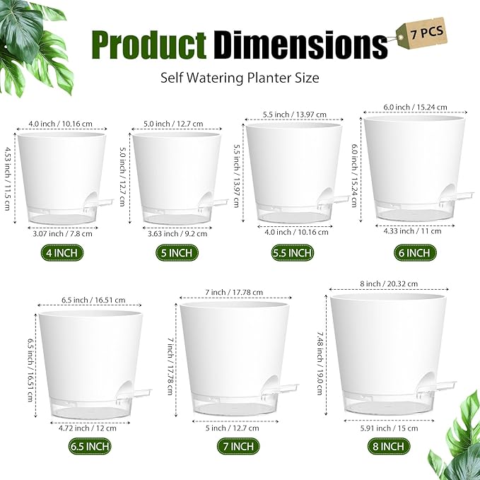 Plant Pots 4/5/5.5/6/6.5/7/8 Inch Self Watering Pots, 7 Pack Plastic Planters with Drainage Holes and Clear Saucers,Plastic Flower Pots,Nursery Planting Pot for Indoor Out Door Plants(White) SQKH