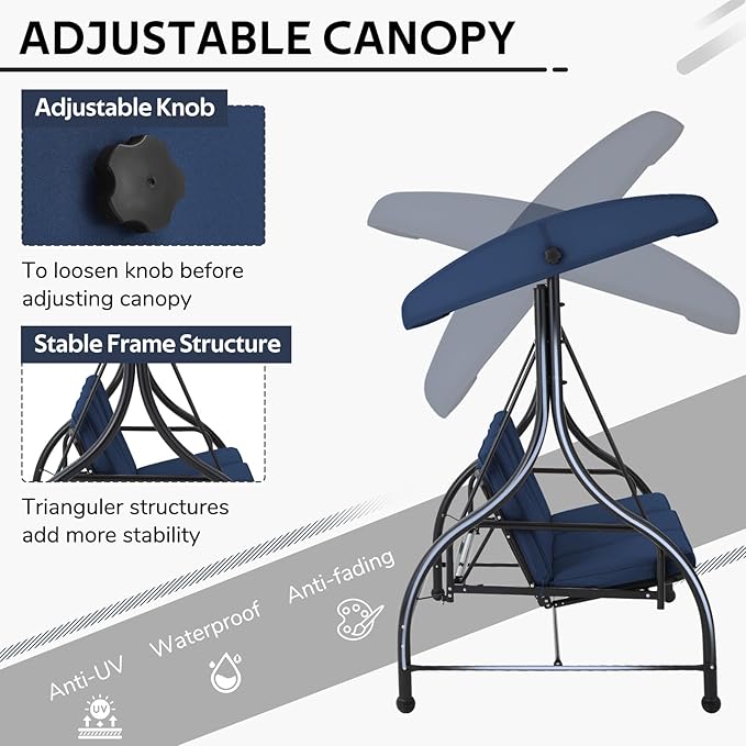 U-MAX Porch Swing Chair with Adjustable Backrest&Canopy, 3 Seat Patio Swing with Canopy 2-in-1 Convertible Outdoor Swing with Canopy Patio Daybed with Removable Blue Cushions for Adults U-MAX