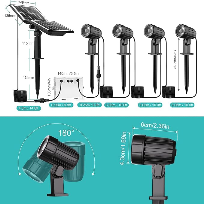 CLY Solar Landscape Spotlights, Solar Landscape Lights Outdoor IP66 Waterproof, Remote Control 2Modes 3Brightness Adjustable 2700-6500K Auto On/Off 14M Cable for Garden Pathway Trees Flag 4 in 1 CLY