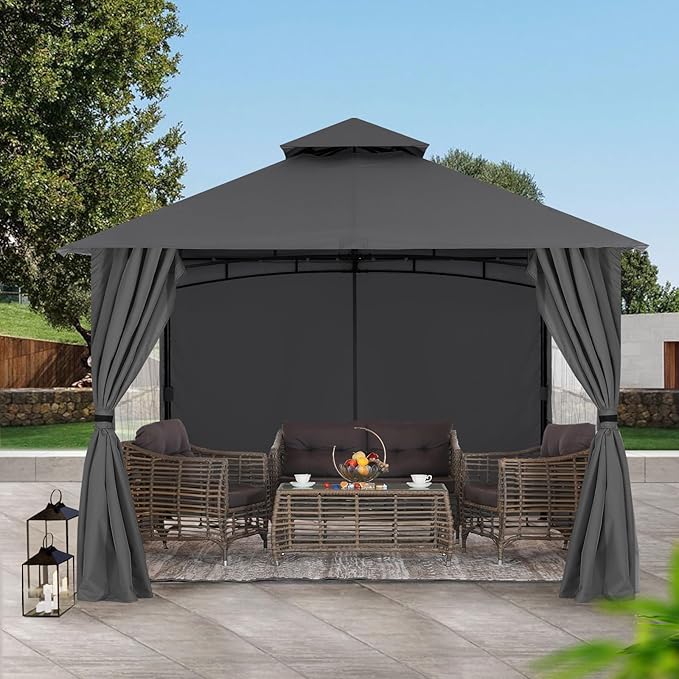 MASTERCANOPY Patio Gazebo Steel Frame Outdoor Gazebo with Windows Curtains (11x11,Dark Gray) MASTERCANOPY