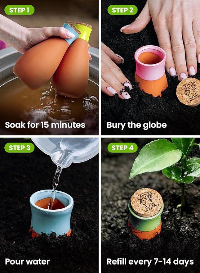 4 Pcs Ollas Terracotta Watering Pots Large - 14 Oz Self Watering Planter Insert Olla Watering System For 1-week Easy To Refill - Clay Plant Watering Globes For Outdoor & Indoor Plants [4 PCS, Bright] GARDENBRO