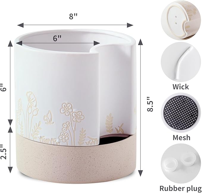 Nihow Self Watering Plant Pot: 8 Inch Ceramic Planter with Drainage Hole & Water Storage Plus for Indoor & Outdoor Plants - Cylinder Round Flower Pot for Succulent/Herbs/Violets - Nature & White Nihow