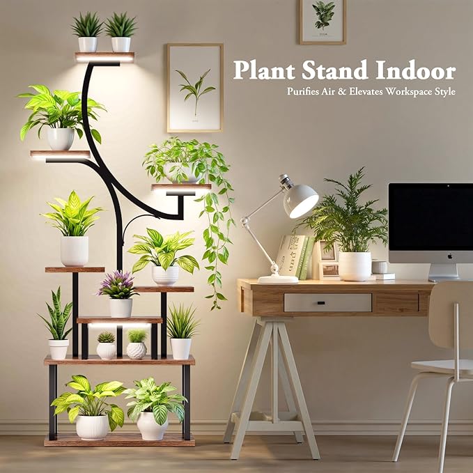 [2026 New Upgraded] Plant Stand Indoor with 4 Grow Lights & 3 Colors, 8 Tiered Corner Plant Shelf, 63" Tall Plant Stands for Indoor Plants Multiple, Metal Flower Display Shelves Holder for Home softeen