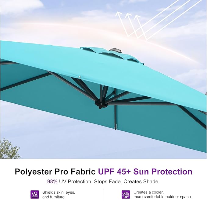 PURPLE LEAF Cantilever Umbrella with Base 9 Feet Patio Outdoor Aluminum Offset Umbrella with 360-degree Rotation for Garden Deck Pool Patio Turquoise Blue PURPLELEAF