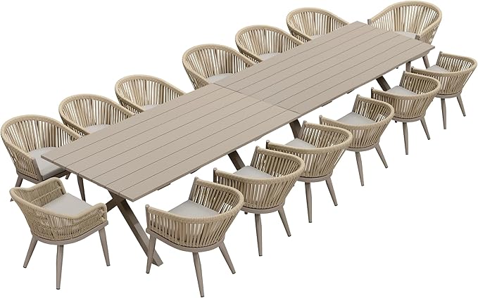 PURPLE LEAF 16 Pieces Outdoor Dining Set with Patio Aluminium Rectangular Dining Table and Wicker Chairs Modern Furniture Cushions Sets for Backyard Indoor Decor Kitchen Champagne PURPLELEAF