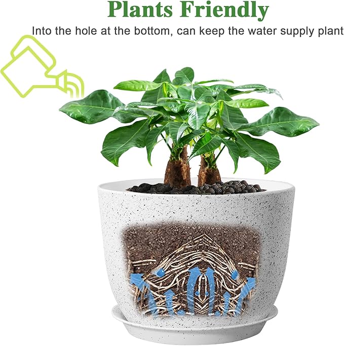 12inch Large Plant Pot, Modern Plastic Planter with High Driange Holes and Saucer for Indoor Outdoor Garden Plants and Flowers, White Speckles UOUZ