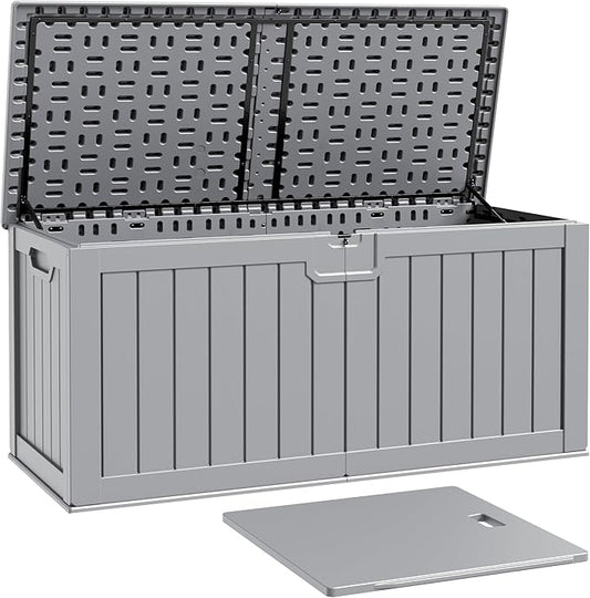 Patiowell 240 Gallon Large Outdoor Storage Box, Waterproof Deck Box with Fixed Divider, Lockable and Durable Patio Storage Solution for Patio Furniture and Garden Tools (Grey) Patiowell