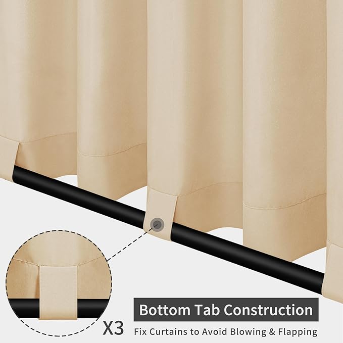 Easy-Going Outdoor Patio Curtains Detachable Tab Top Windproof Weatherproof Curtain for Cabana, Porch, Pergola and Gazebo, Tab Bottom Drape, 2 Panels, 54W x 120L inch, Beige Easy-Going