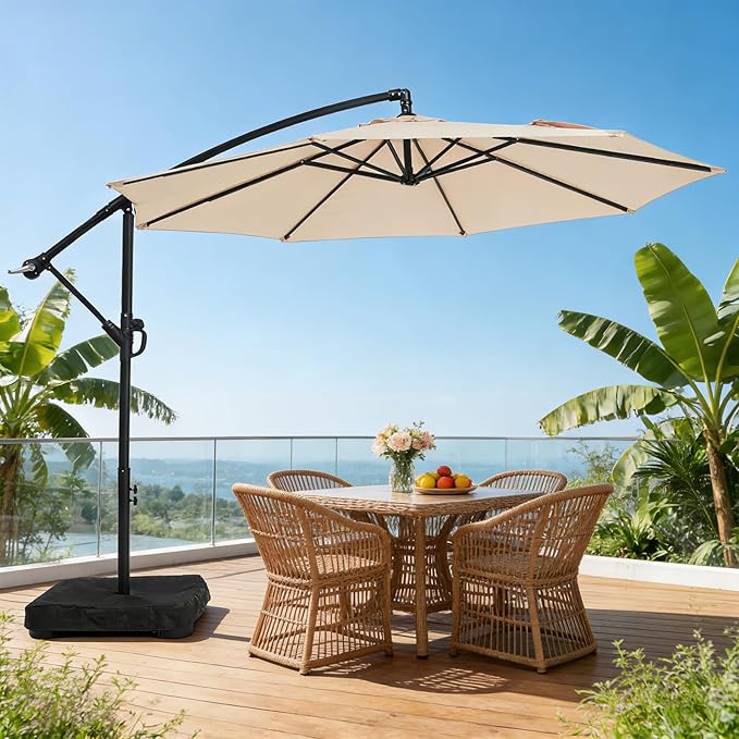 wikiwiki 10ft Patio Umbrella with Base Included, Outdoor Offset Cantilever Umbrella with Sandbag Base for Backyard, Garden and Pool, Easy to Tilt and Crank, Beige WikiwikiPatioUmbrellas