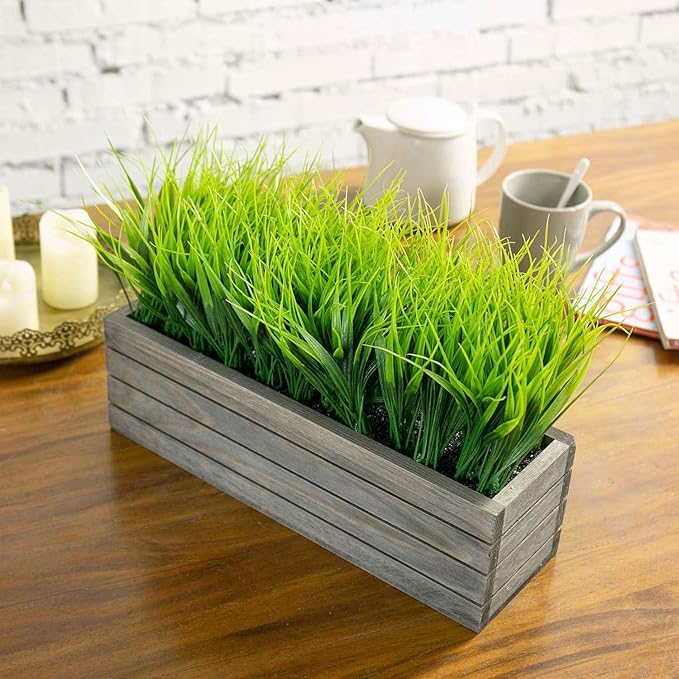 MyGift 14 Inch Artificial Green Grass Plant in Vintage Gray Wood Planter Window Box, Faux Greenery in Decorative Rectangular Crate Style Wooden Container MyGiftHome