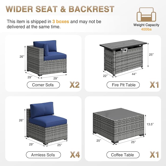 Aoxun Patio Furniture Sets, 8-Piece Outdoor Patio Furniture with 44'' Propane Gas Firepit Table, Wicker Outdoor Conversation Set Sectional Sofa for Backyard, Poolside, Garden Aoxun