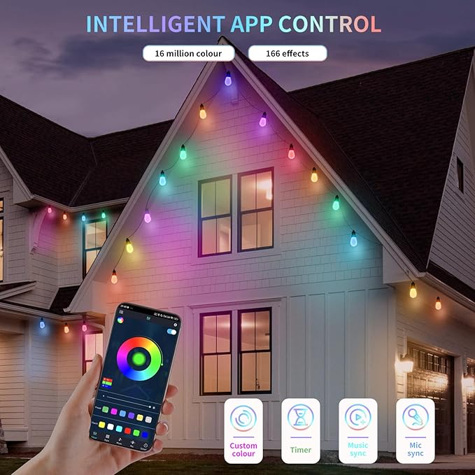 Outdoor String Lights 27FT, Outdoor Lights for Patio with 10 Dimmable RGBW LED Bulbs, IP66 Waterproof Shatterproof, with APP Control & Remote, 24V Adapter Color Change,for Backyard Decor CAWWS